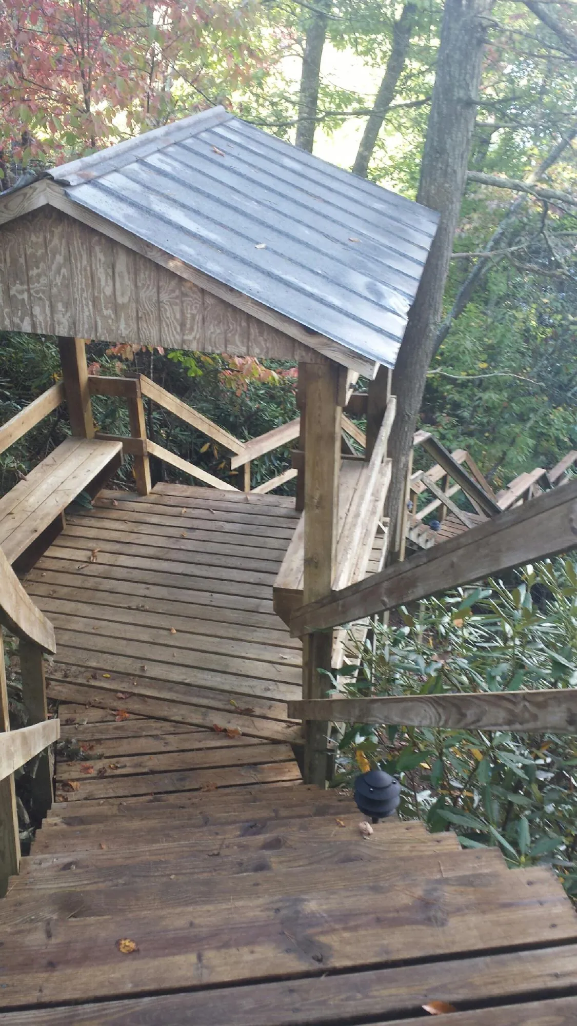 Metal roofed shelter over wooden steps on a wooded walkway — Skylight Repair & Installation work by our crew in Fertile